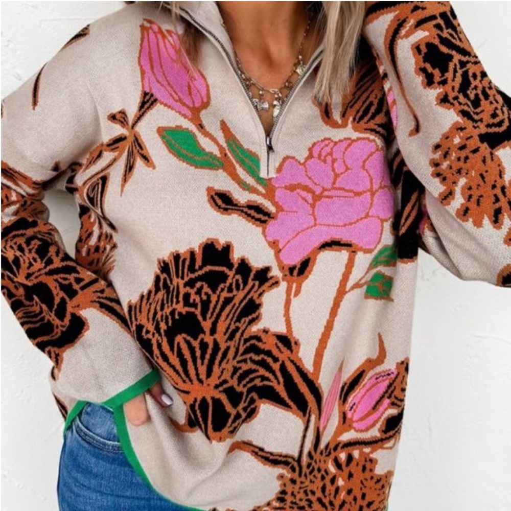 Floral Print Quarter Zip Sweater - Picture 3 of 11
